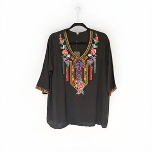 Grosy‎  Womens Blouse Tunic Top 2XL Black Colorful Rayon Embroidered Boho NWT